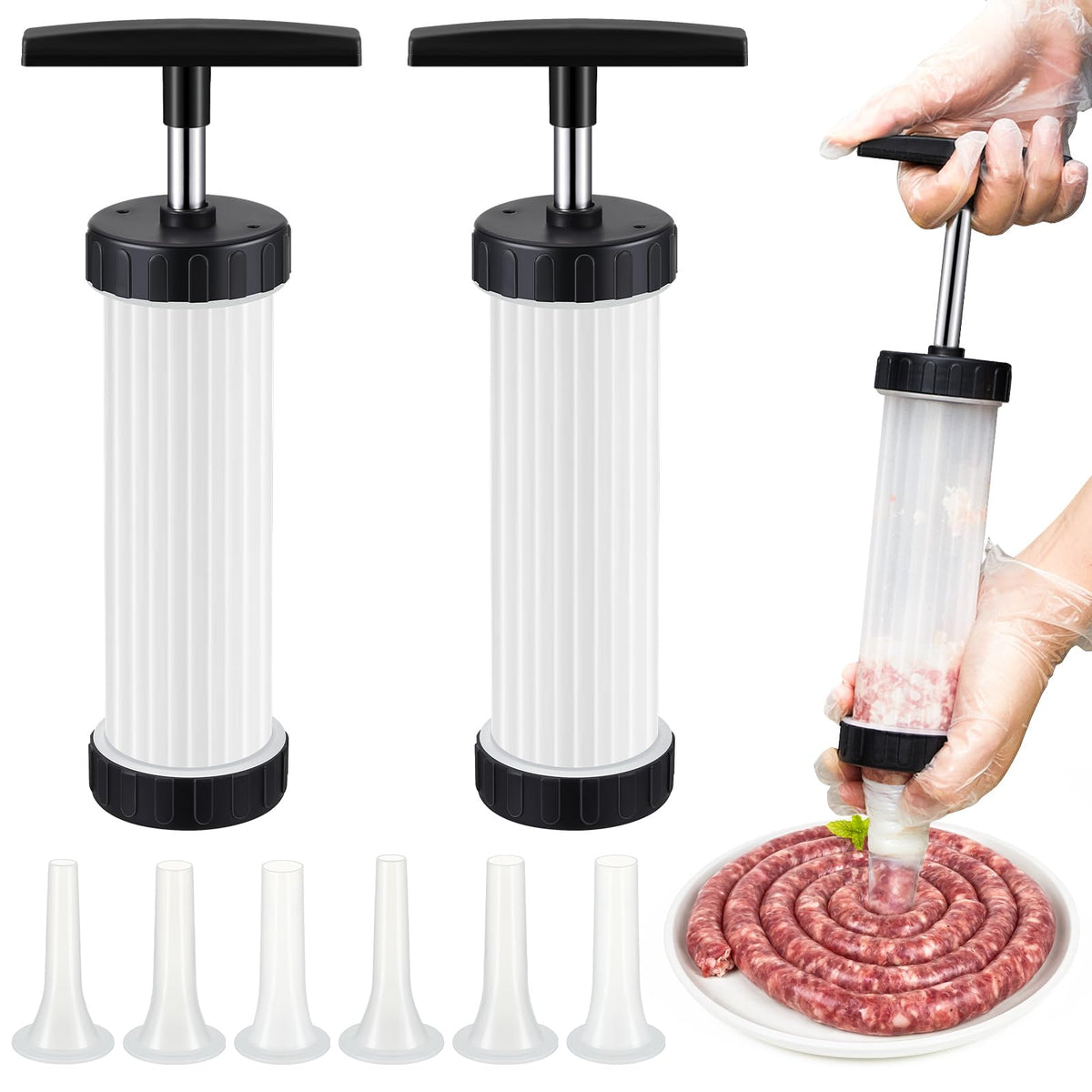2 Pack Manual Sausage Stuffer Kit with 6 Stuffing Tubes A573378