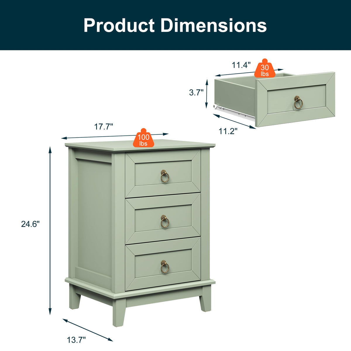 Tall Wooden Nightstand Set of 2 with 3 Drawers Y514