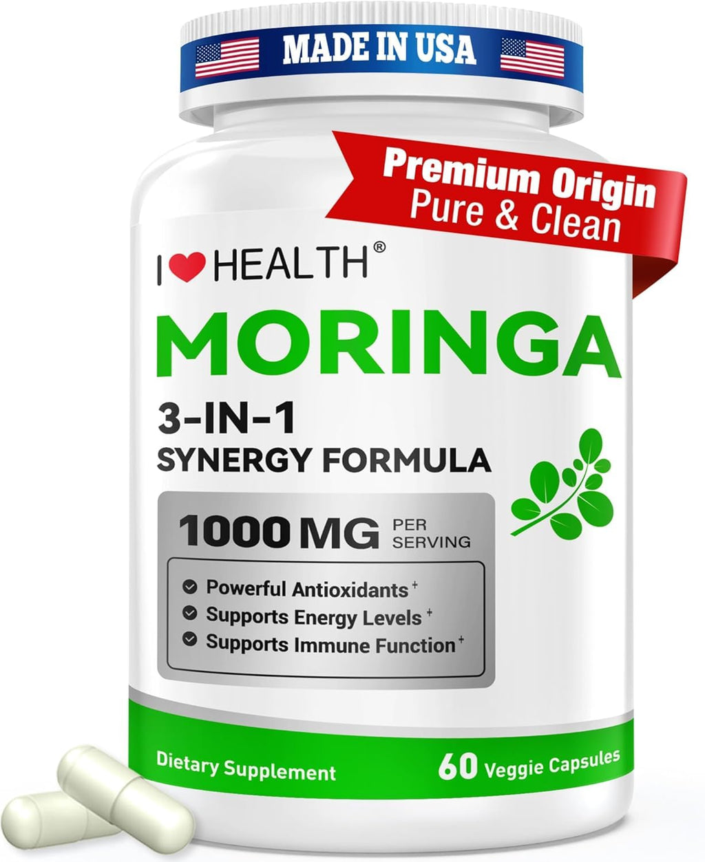Moringa Capsules 1000mg 10:1 Leaf Extract 60 Veg Capsules B119663