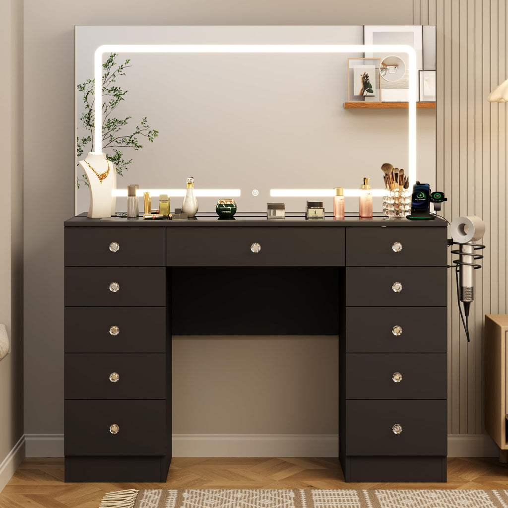 Black 11 Drawer Vanity Desk with Lighted Mirror W477