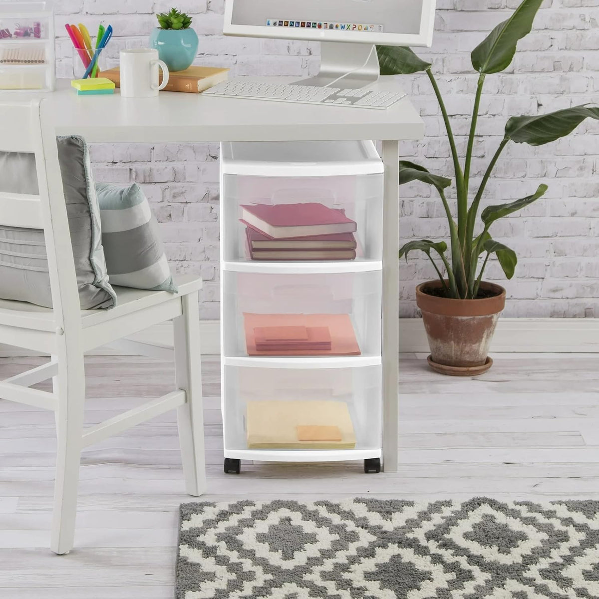 Plastic Storage Drawer Cart with 3 Drawers and Wheels, White K1755
