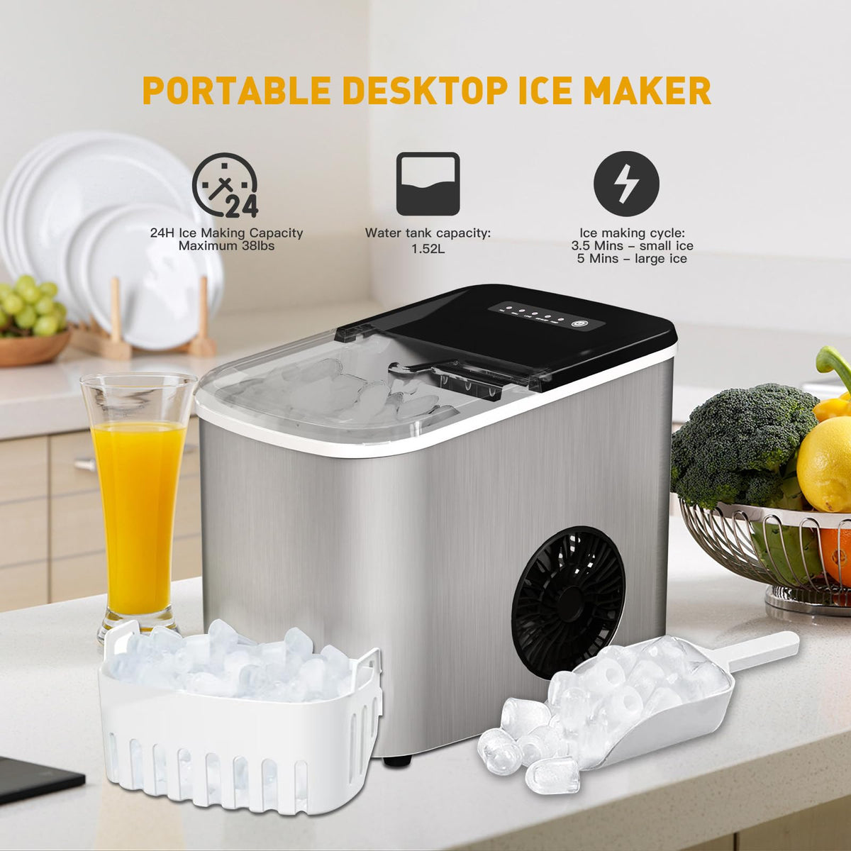 Countertop Ice Maker 38lbs Per Day 9 Ice Cubes in 3.5 Minutes Self-Cleaning Portable Ice Machine 2 Bullet Sizes M41383