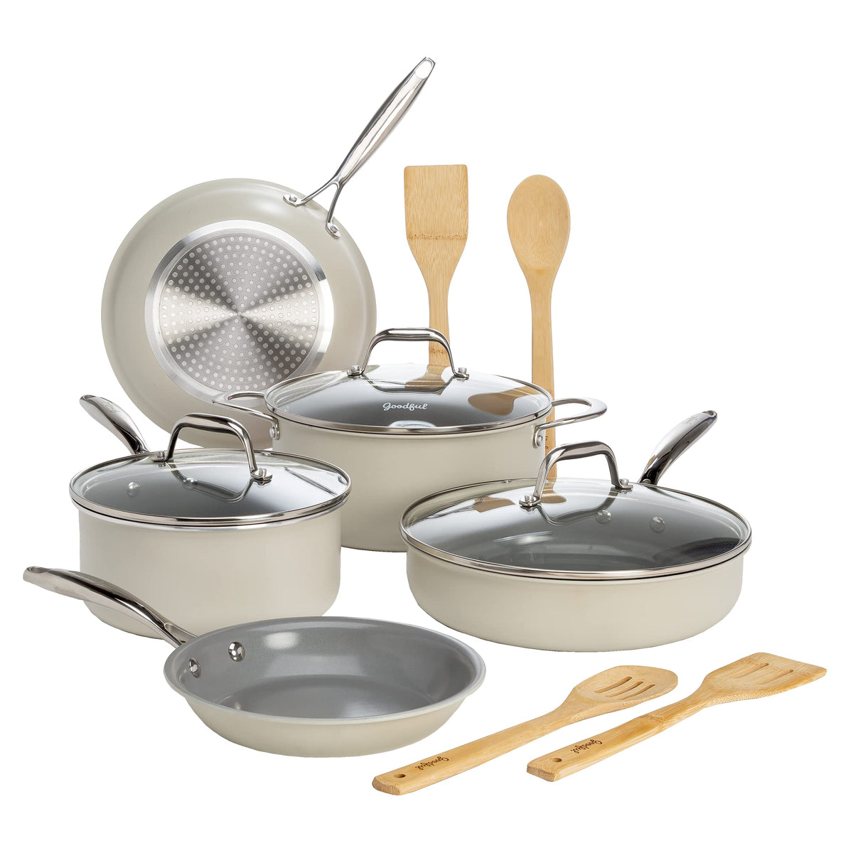 Ceramic Nonstick Pots and Pans Set 12-Piece Cream O9463