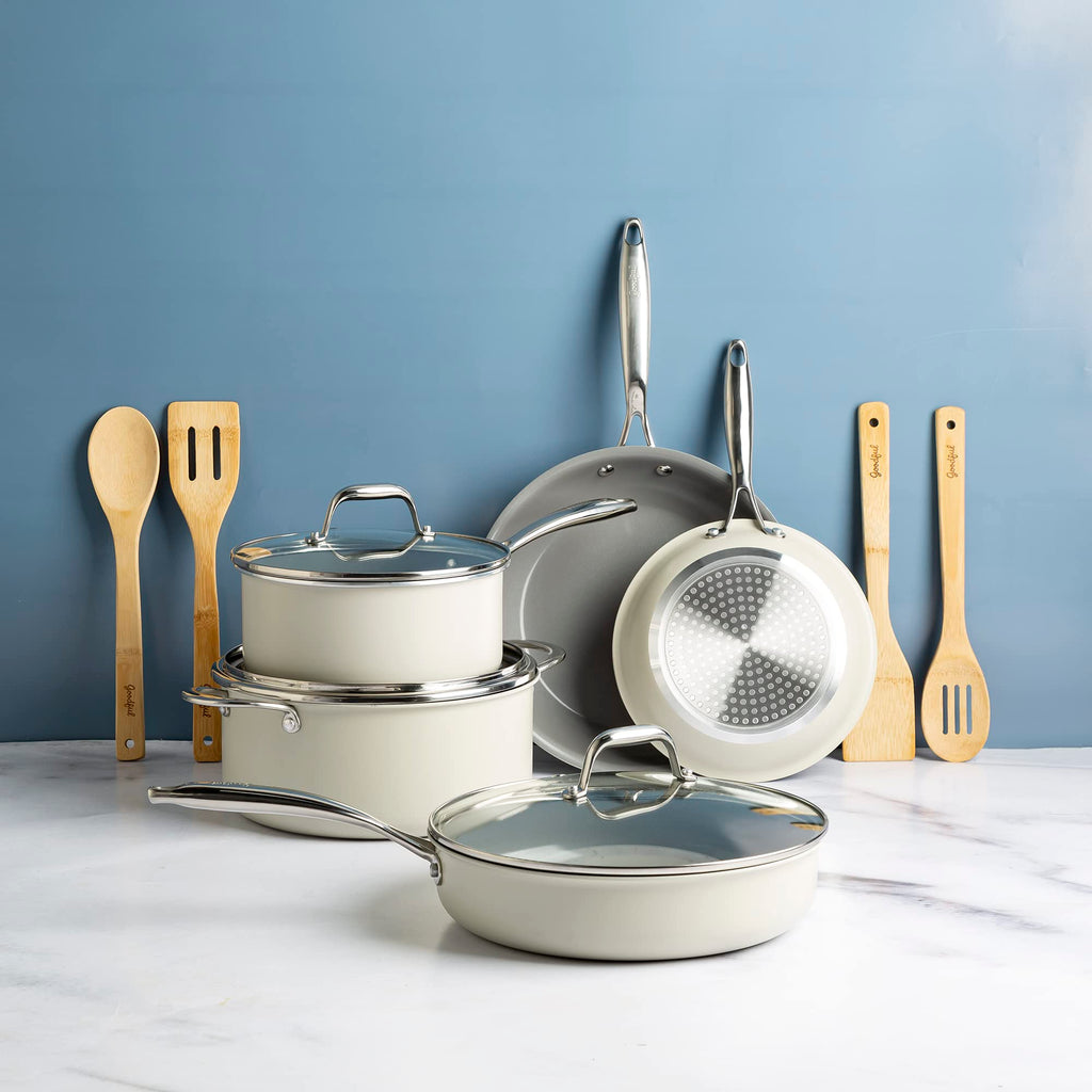Ceramic Nonstick Pots and Pans Set 12-Piece Cream O9463