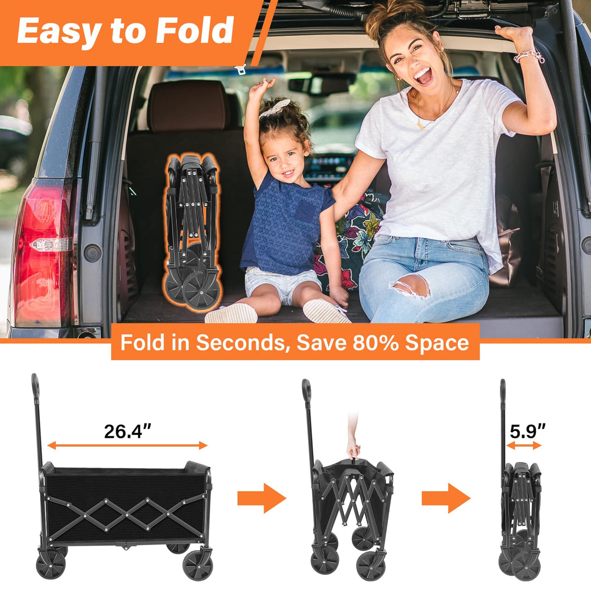 Foldable Collapsible Wagon Cart with Wheels, 280 lbs Heavy Duty Capacity, Graphite Black V1918
