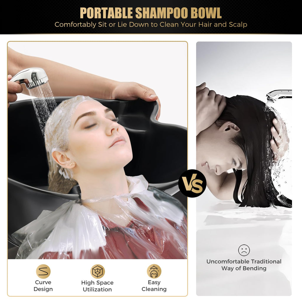 Portable Shampoo Bowl with Dual Buckets, Adjustable Height, Electric Pump, Foot Pedal Control, Black J8685