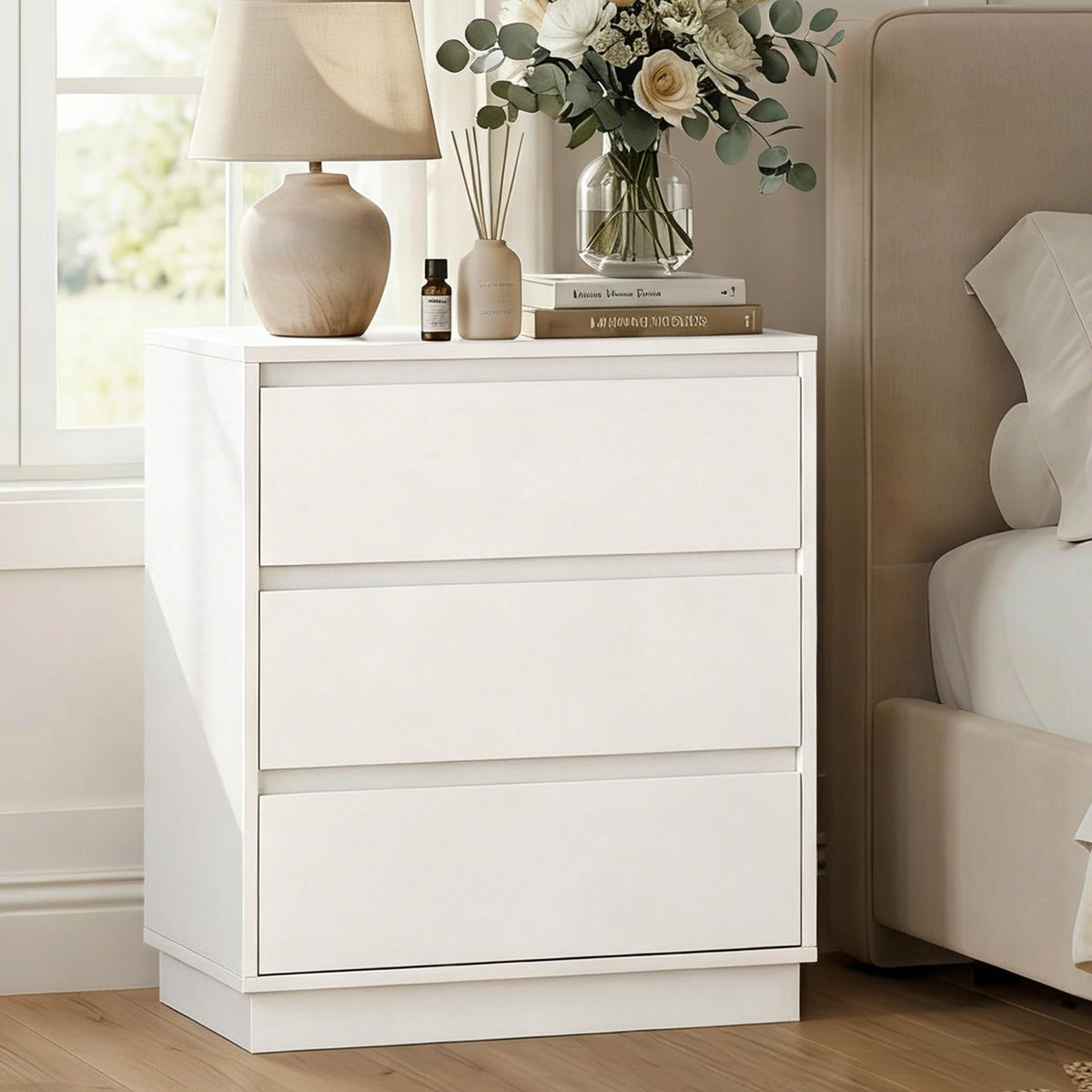 White 3 Drawer Nightstand C866