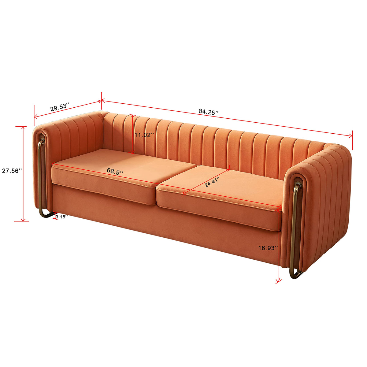 Orange Velvet 3-Seater Sofa with Rolled Arms P864