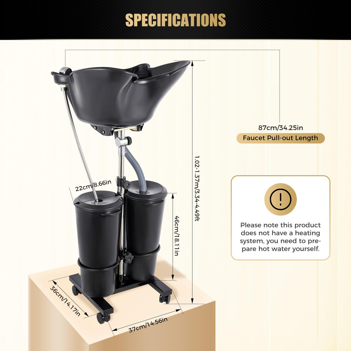 Portable Shampoo Bowl with Dual Buckets, Adjustable Height, Electric Pump, Foot Pedal Control, Black J8685