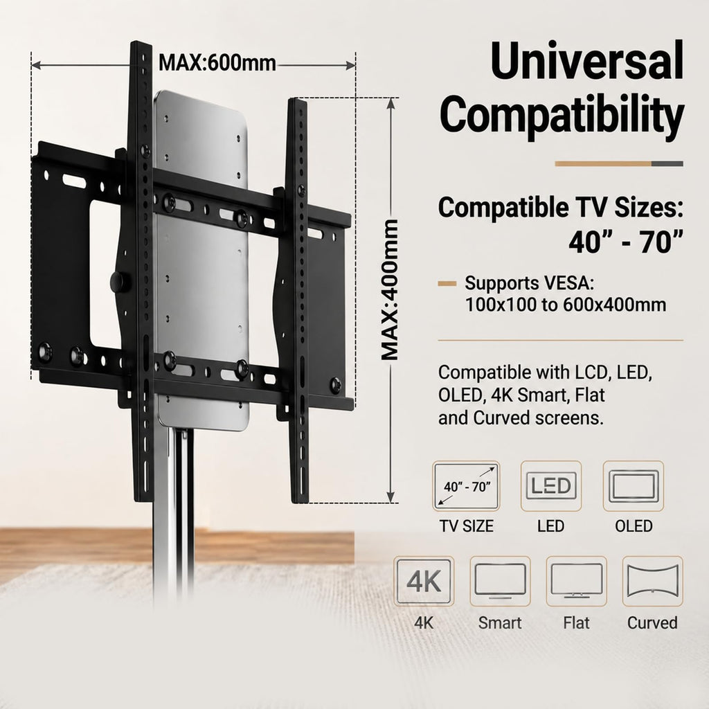 Rolling TV Stand Mount for 40” to 70” TVs up to 88 lbs with Wheels V976