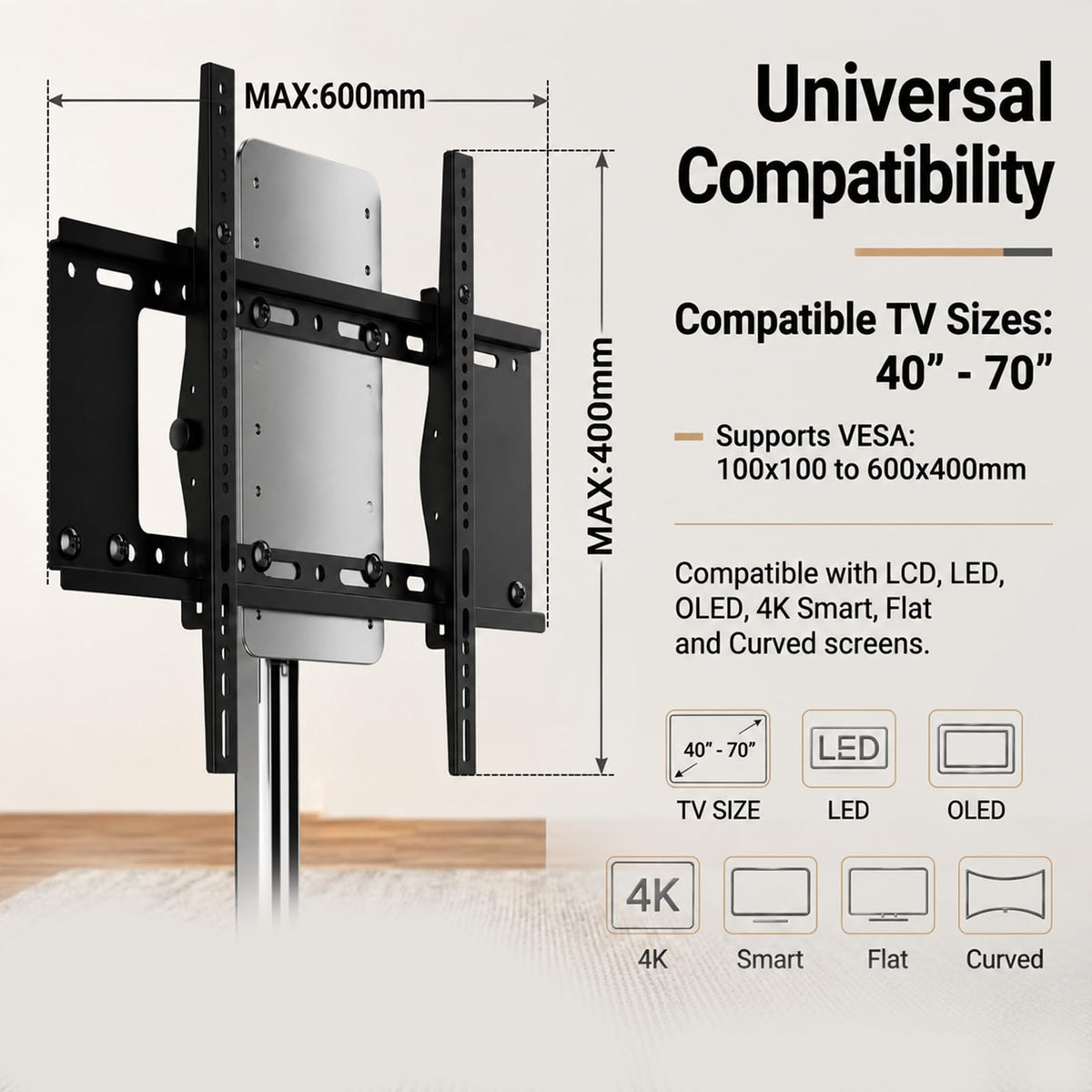 Rolling TV Stand Mount for 40” to 70” TVs up to 88 lbs with Wheels V976