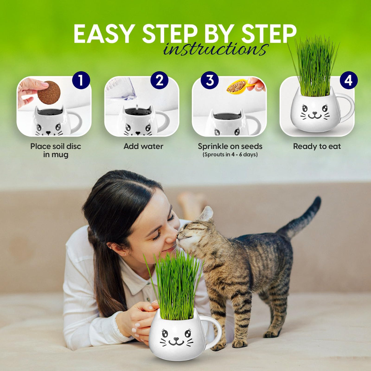 Cat Grass Growing Kit with Seeds, Soil & Ceramic Planter G152