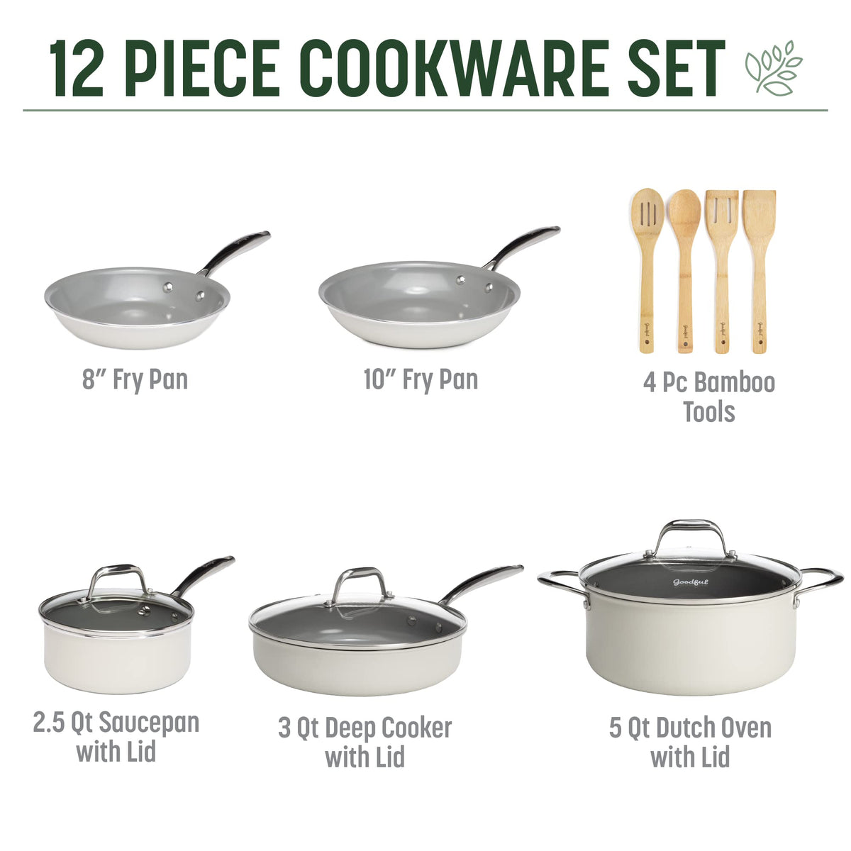 Ceramic Nonstick Pots and Pans Set 12-Piece Cream O9463