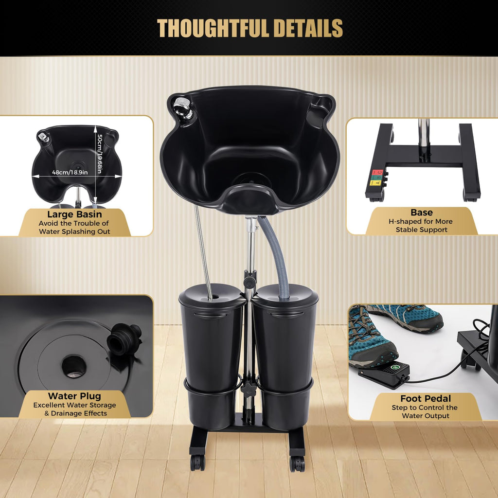 Portable Shampoo Bowl with Dual Buckets, Adjustable Height, Electric Pump, Foot Pedal Control, Black J8685