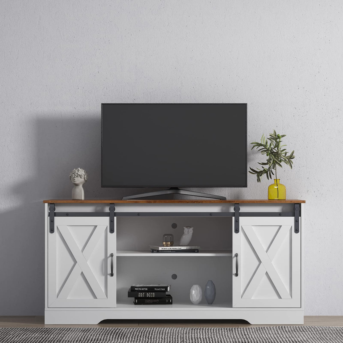 Sliding Barn Door Wood TV Stand with Adjustable Shelves G12947