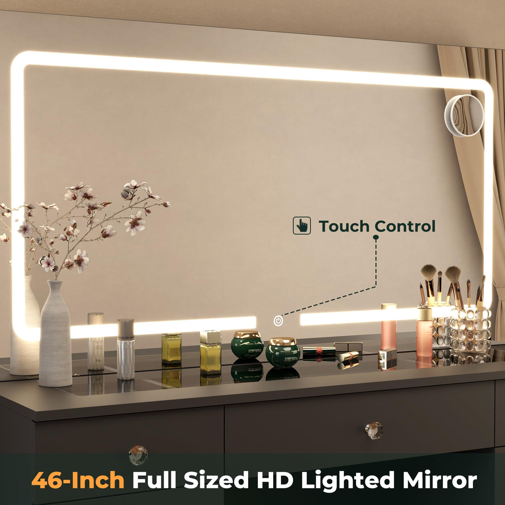 Black 11 Drawer Vanity Desk with Lighted Mirror W477
