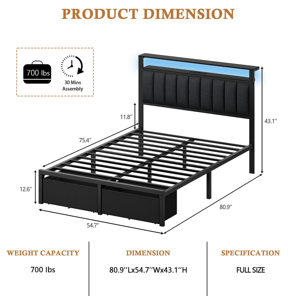 Full Size Bed Frame with Storage Drawers and Upholstered Headboard I380859