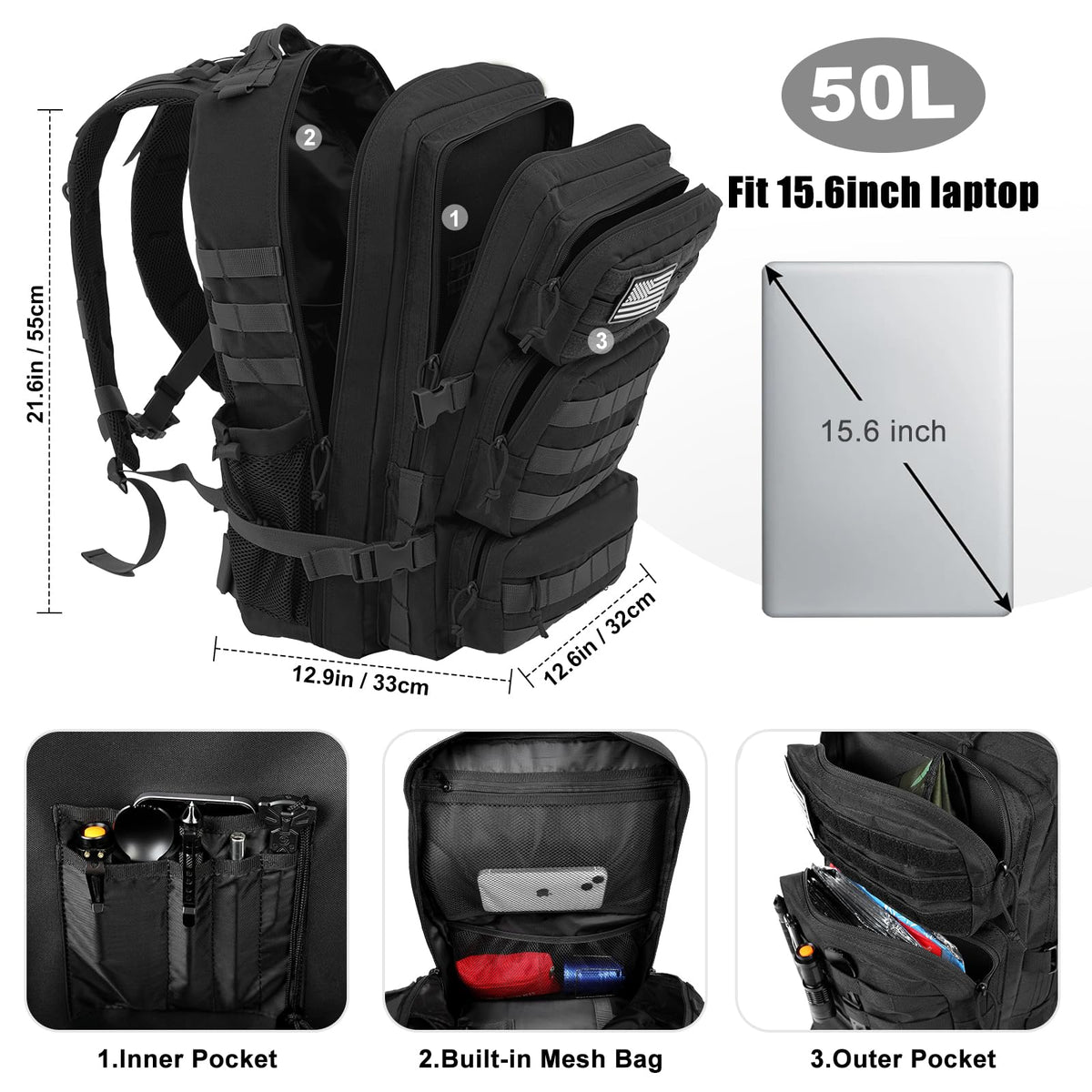 50L Military Tactical Backpack Black N533455