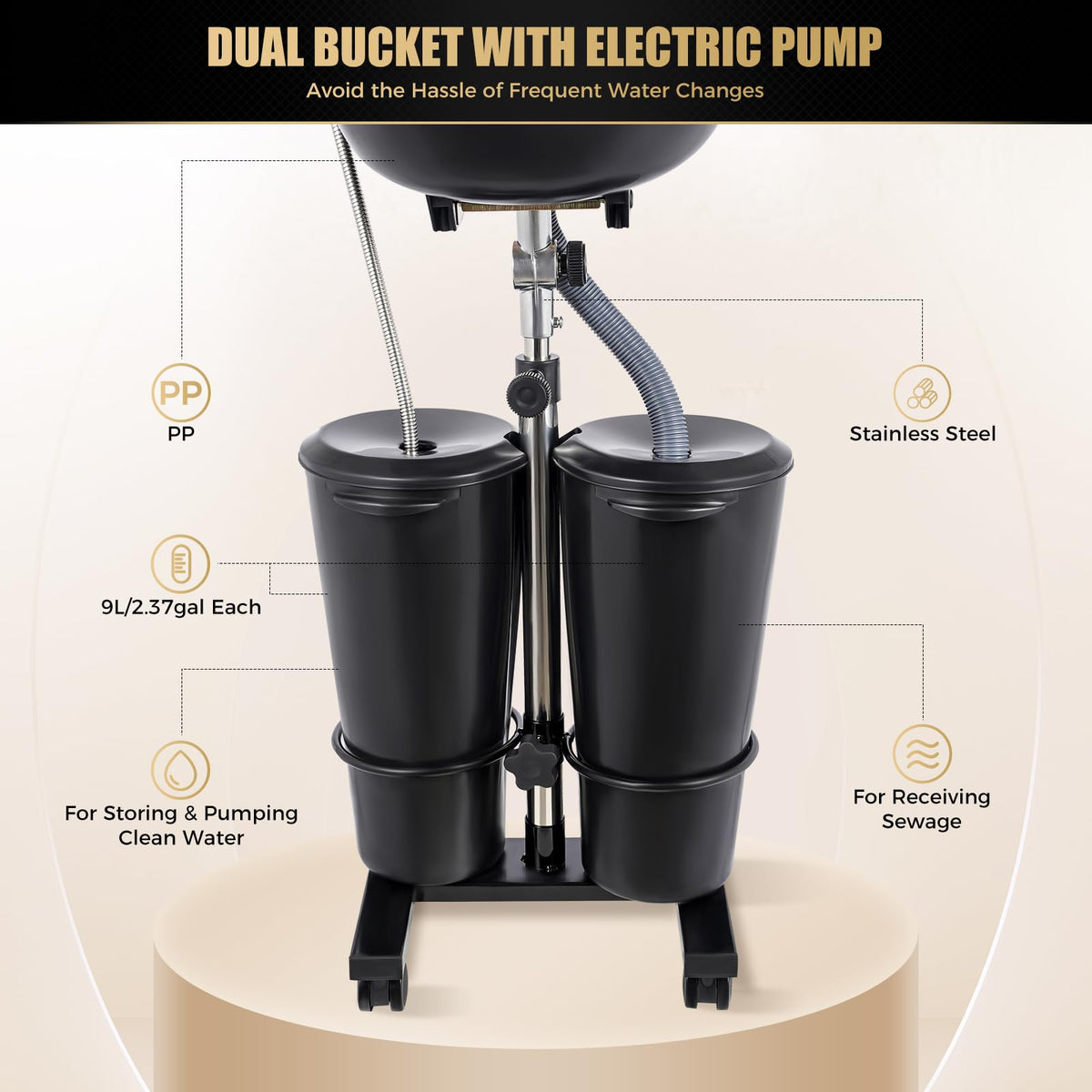 Portable Shampoo Bowl with Dual Buckets, Adjustable Height, Electric Pump, Foot Pedal Control, Black J8685