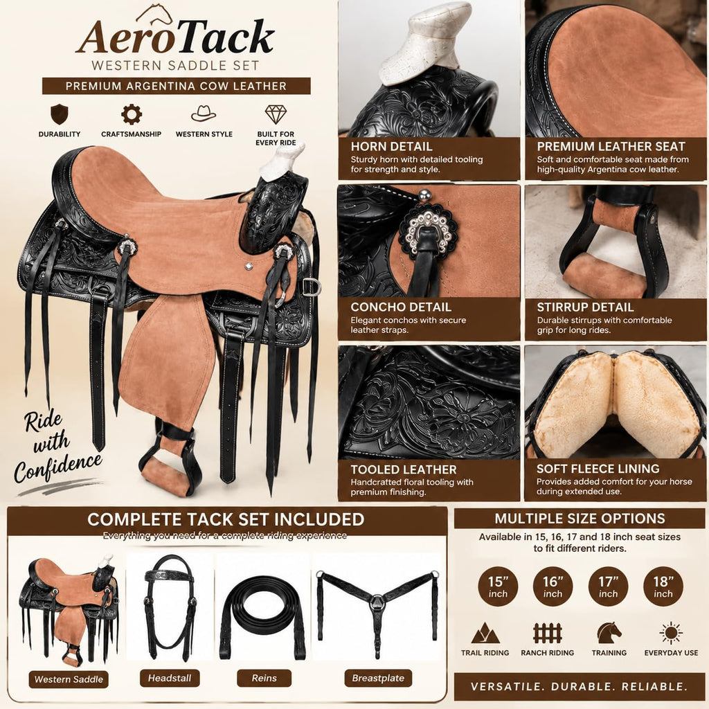 Argentina Cow Leather Saddle Set with Headstall, Reins & Breastplate M515