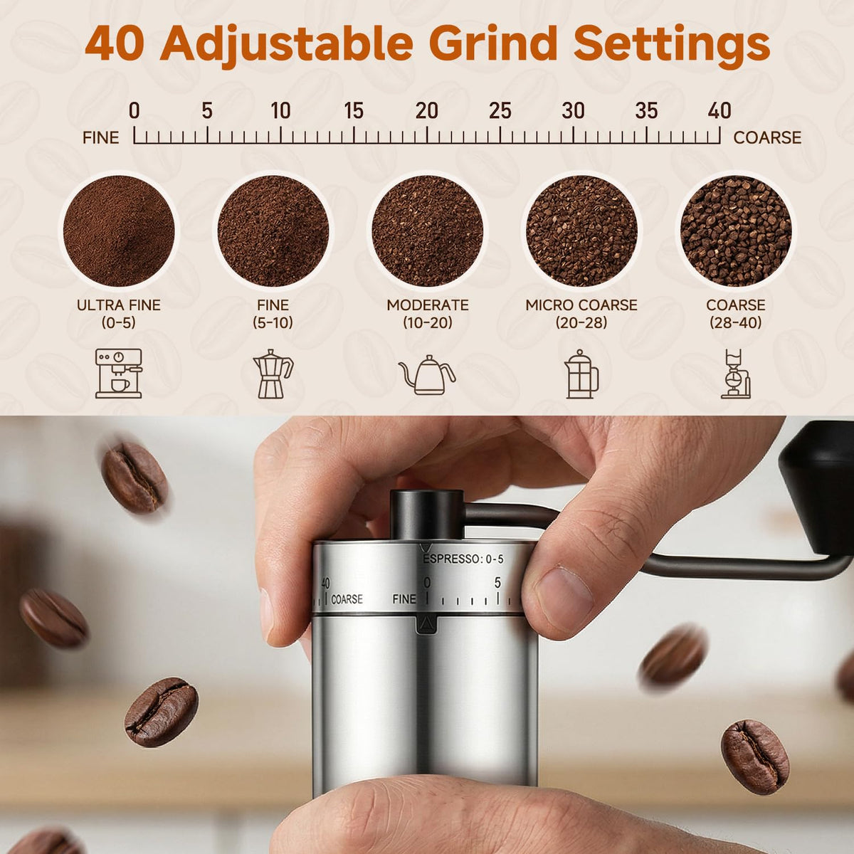 Manual Stainless Steel Conical Burr Coffee Grinder with Hand Crank J528473