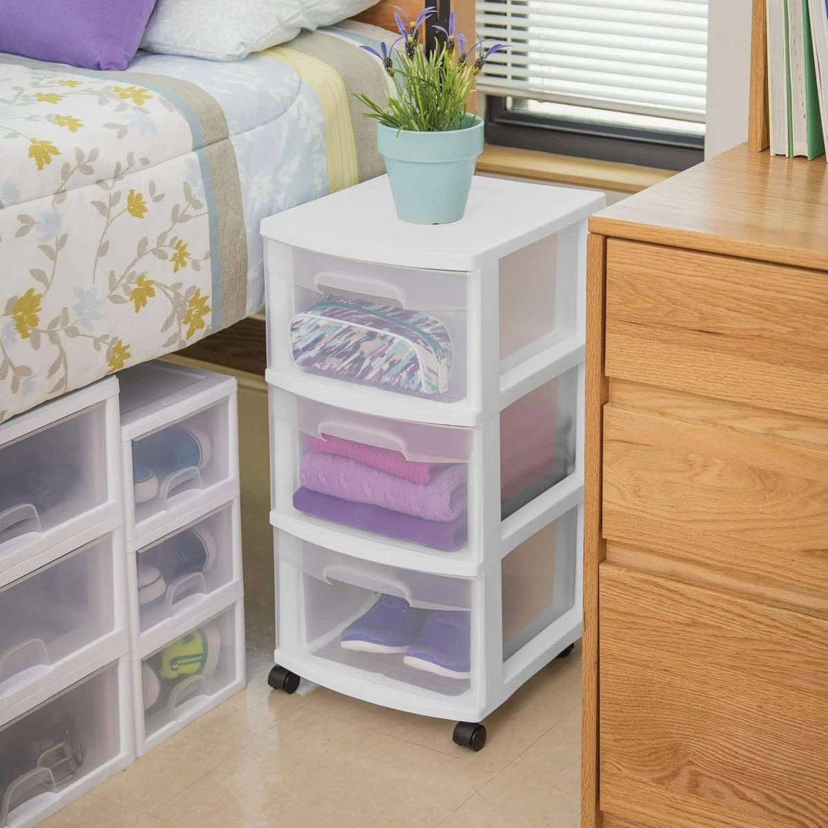 Plastic Storage Drawer Cart with 3 Drawers and Wheels, White K1755