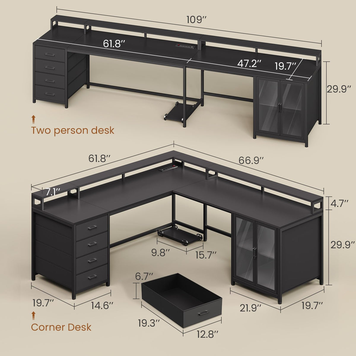 L Shaped Gaming Desk with 4 Drawers and Power Outlet, Black Y3013