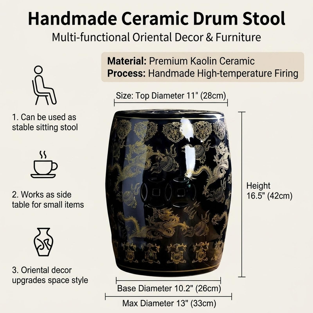 Ceramic Garden Stool Drum Side Table Plant Stand I5650