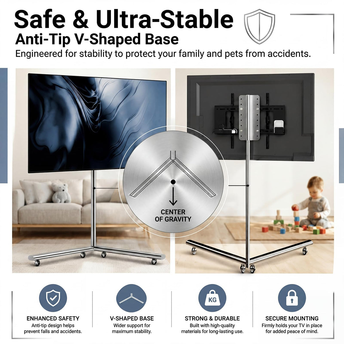 Rolling TV Stand Mount for 40” to 70” TVs up to 88 lbs with Wheels V976