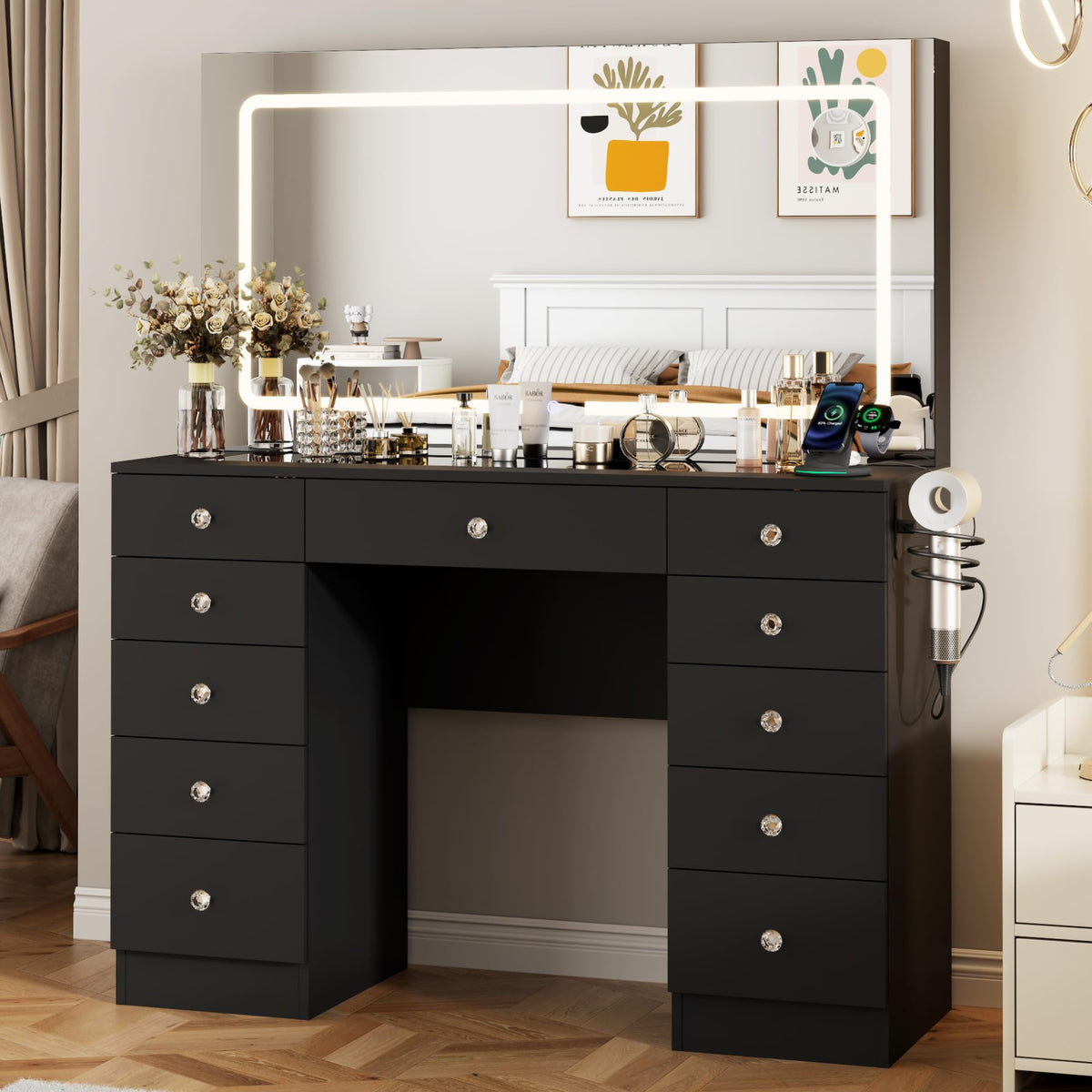 Black 11 Drawer Vanity Desk with Lighted Mirror W477