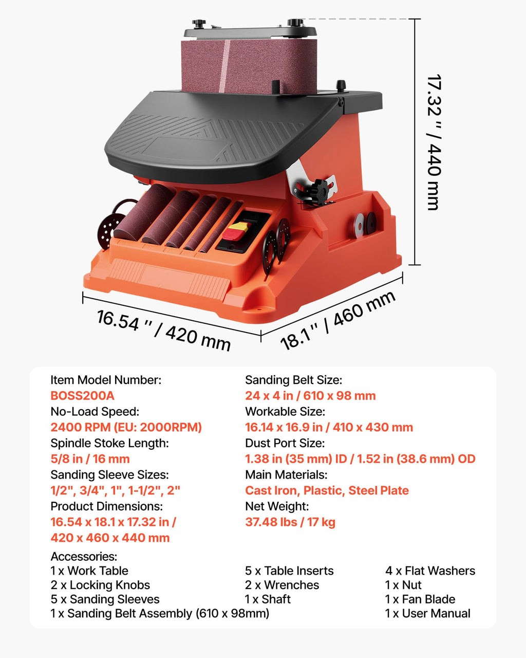 Oscillating Belt and Spindle Sander, 2400RPM Benchtop with 5 Sleeves & Sanding Belt V342