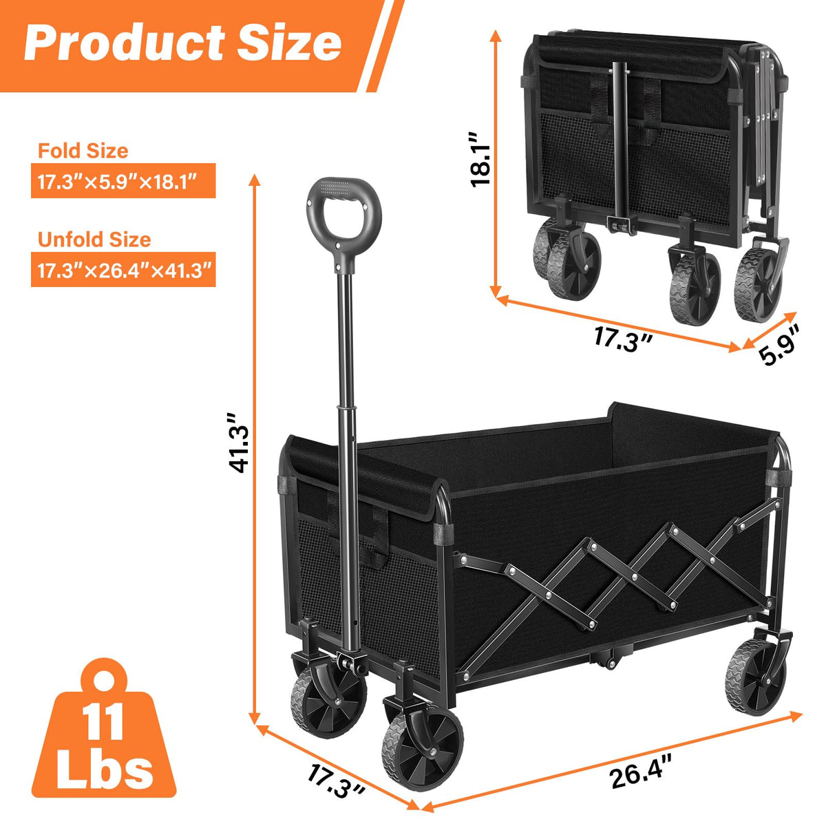 Foldable Collapsible Wagon Cart with Wheels, 280 lbs Heavy Duty Capacity, Graphite Black V1918