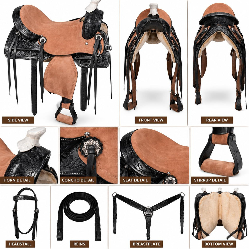Argentina Cow Leather Saddle Set with Headstall, Reins & Breastplate M515