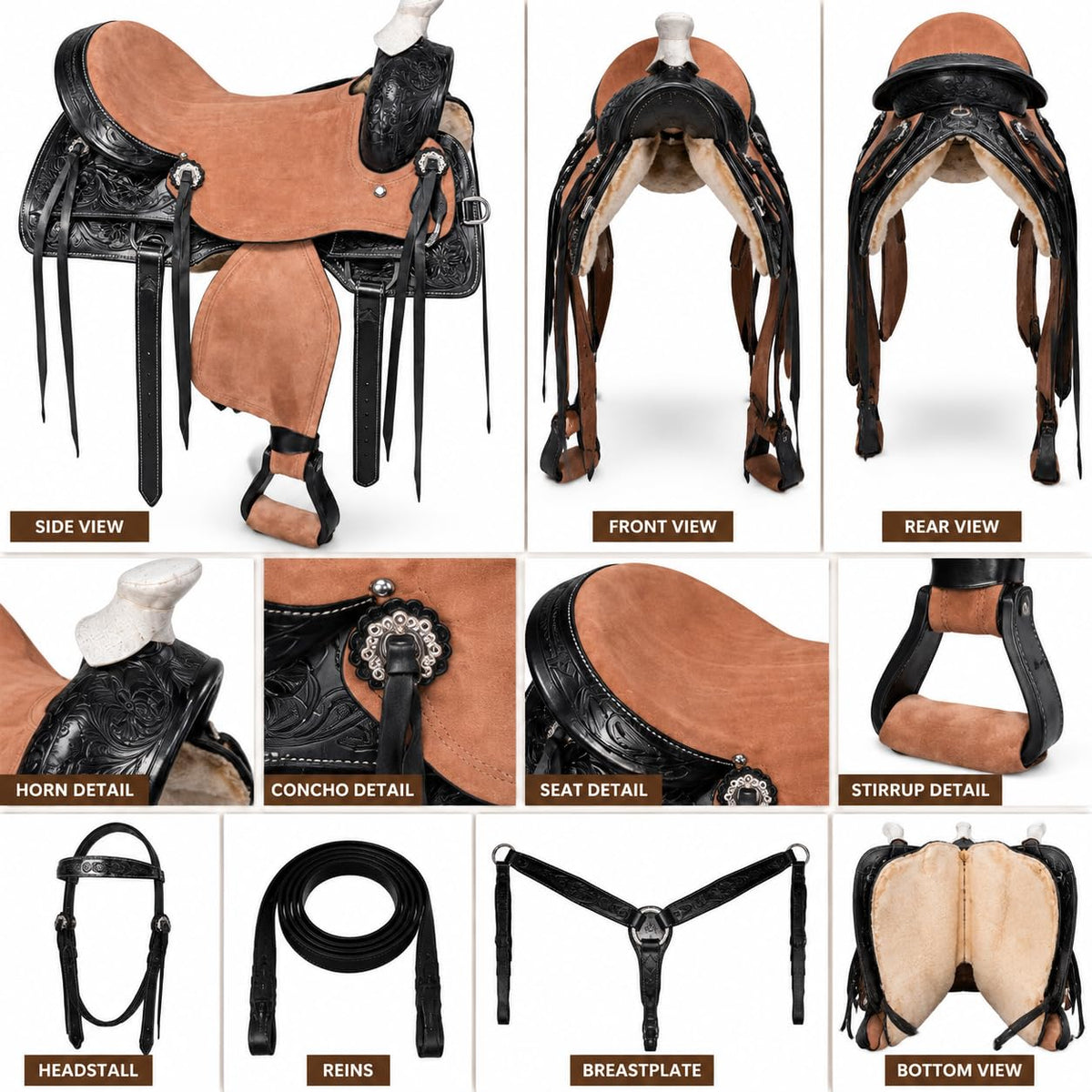 Argentina Cow Leather Saddle Set with Headstall, Reins & Breastplate M515