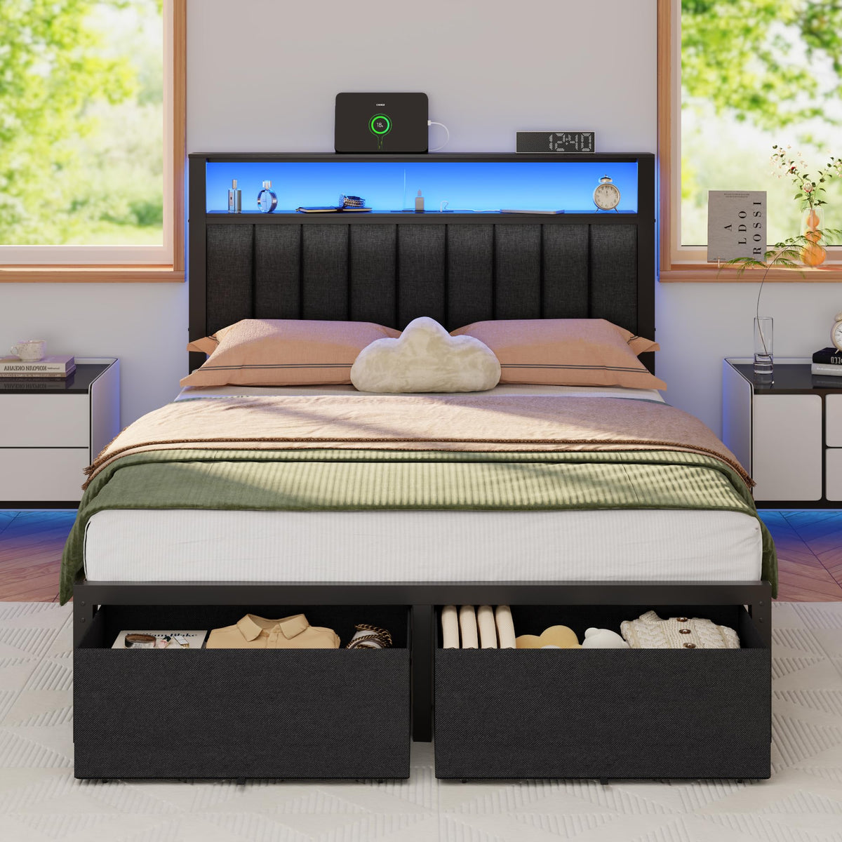 Full Size Bed Frame with Storage Drawers and Upholstered Headboard I380859