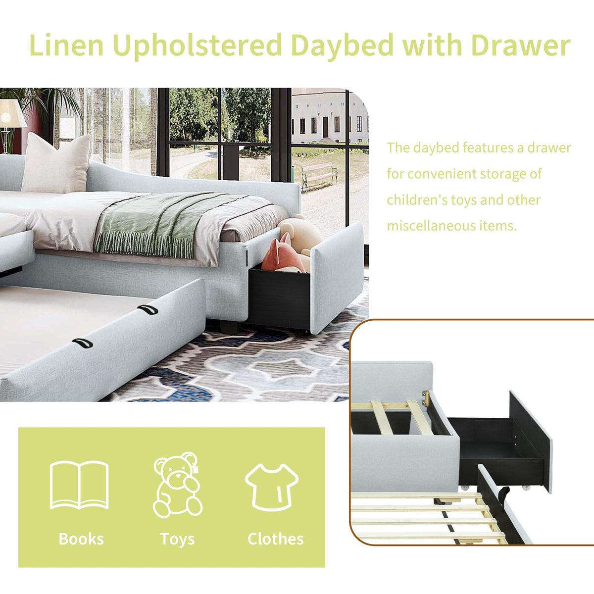 Green Gray Linen Fabric Upholstered Twin Size Daybed with Trundle and Drawer A43317