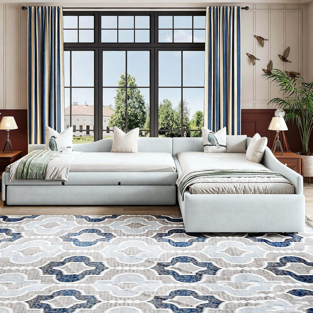 Green Gray Linen Fabric Upholstered Twin Size Daybed with Trundle and Drawer A43317