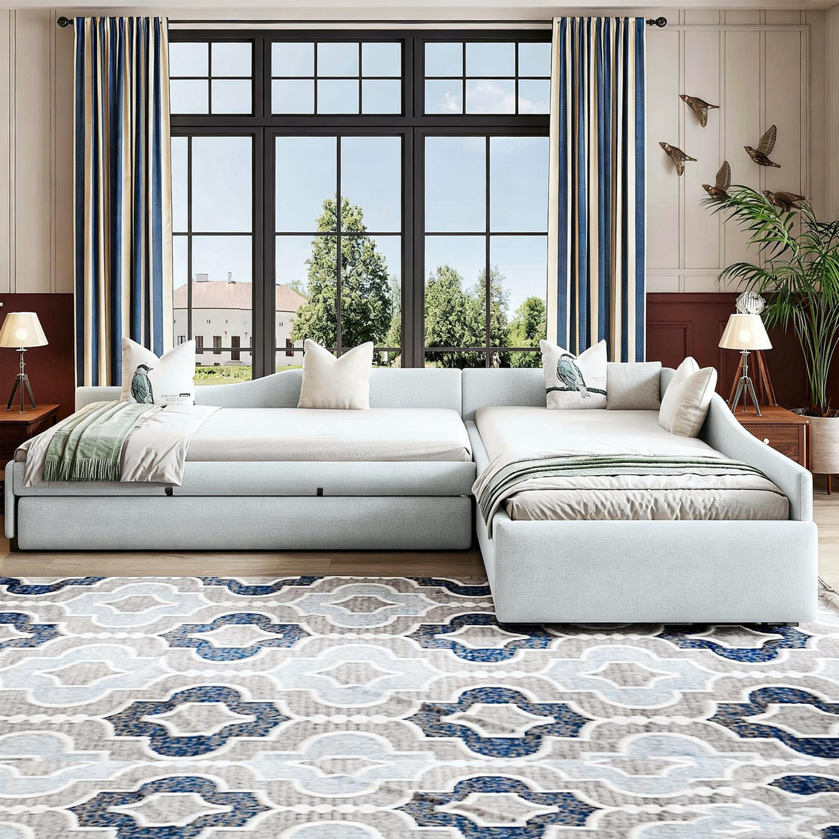 Green Gray Linen Fabric Upholstered Twin Size Daybed with Trundle and Drawer A43317
