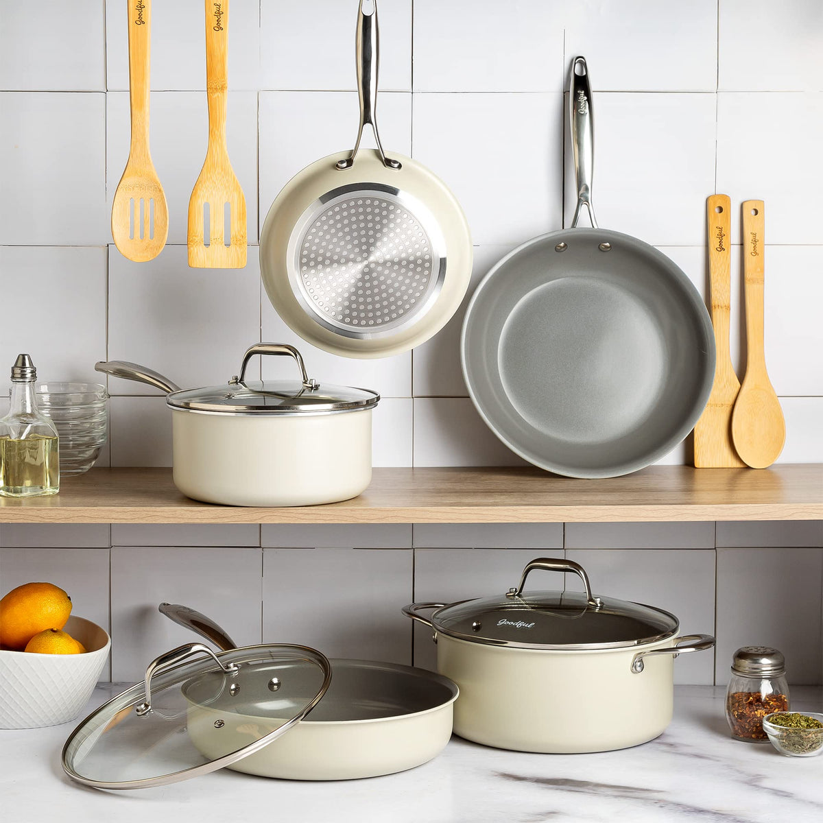 Ceramic Nonstick Pots and Pans Set 12-Piece Cream O9463