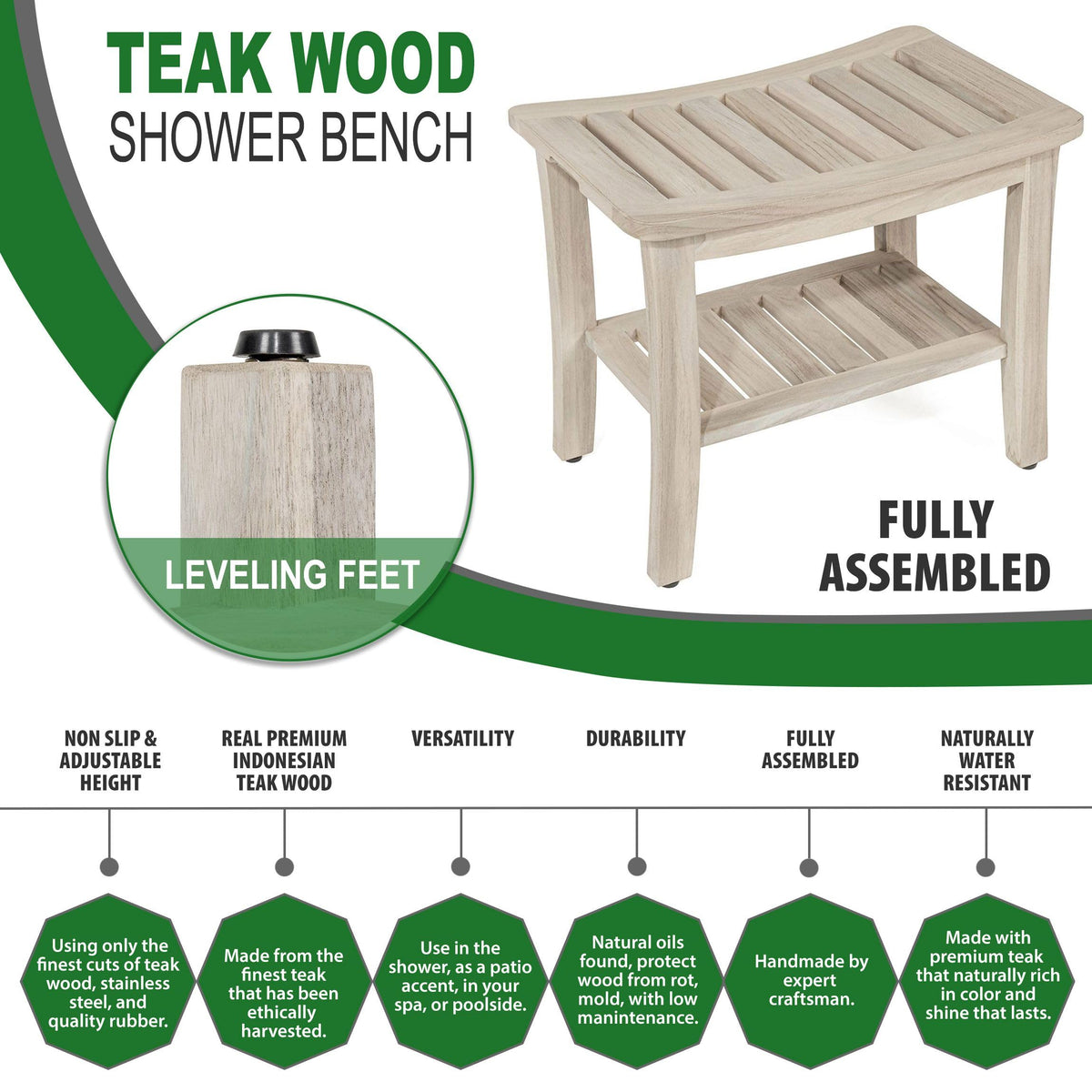Gray Teak Shower Bench with Shelf 21 Inch N6911