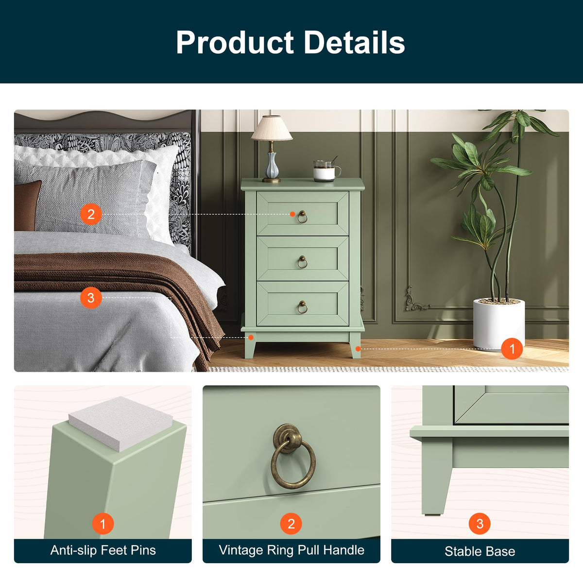 Tall Wooden Nightstand Set of 2 with 3 Drawers Y514