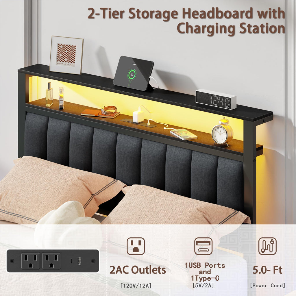 Full Size Bed Frame with Storage Drawers and Upholstered Headboard I380859