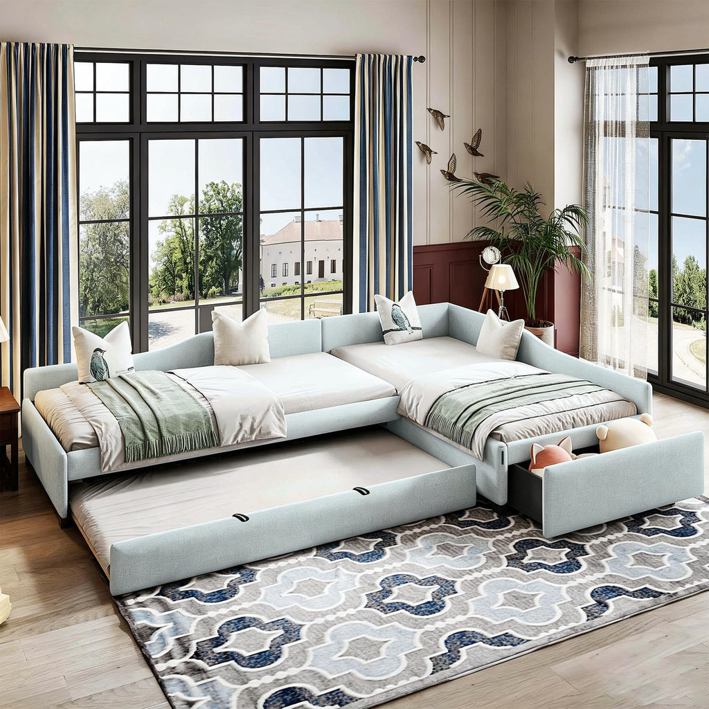 Green Gray Linen Fabric Upholstered Twin Size Daybed with Trundle and Drawer A43317