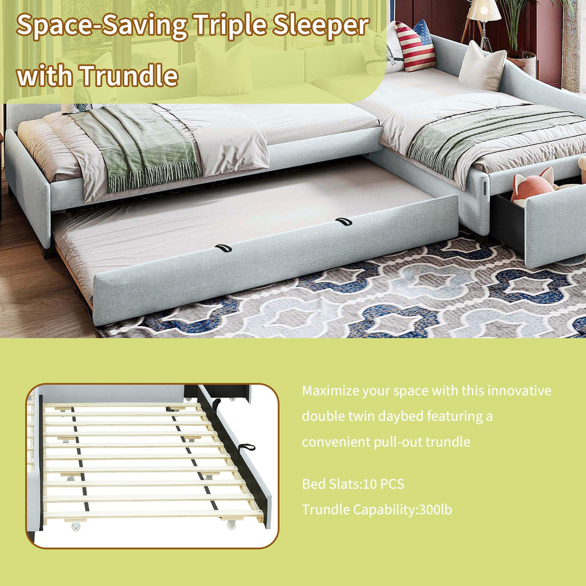 Green Gray Linen Fabric Upholstered Twin Size Daybed with Trundle and Drawer A43317