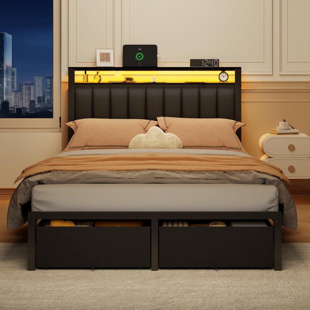Full Size Bed Frame with Storage Drawers and Upholstered Headboard I380859