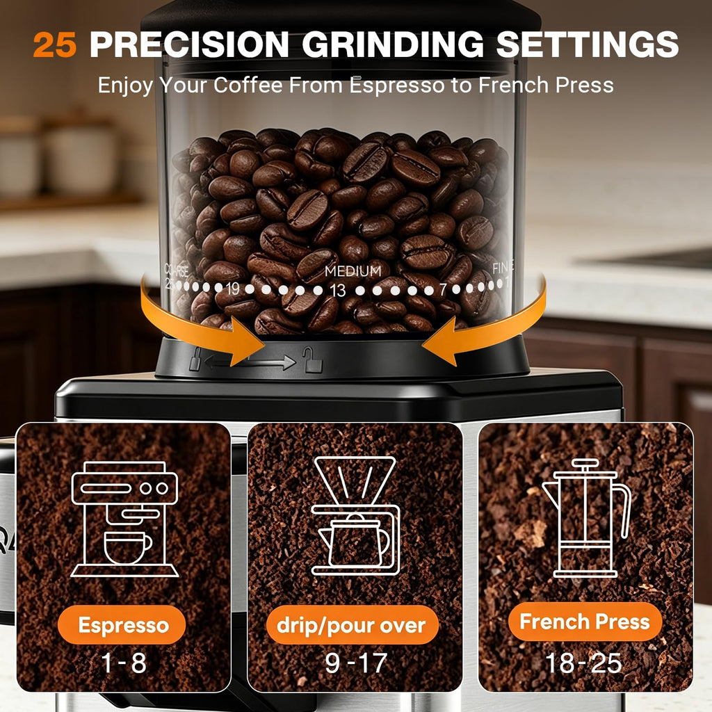 Conical Burr Coffee Bean Grinder, 25 Precise Settings, Anti-Static M335