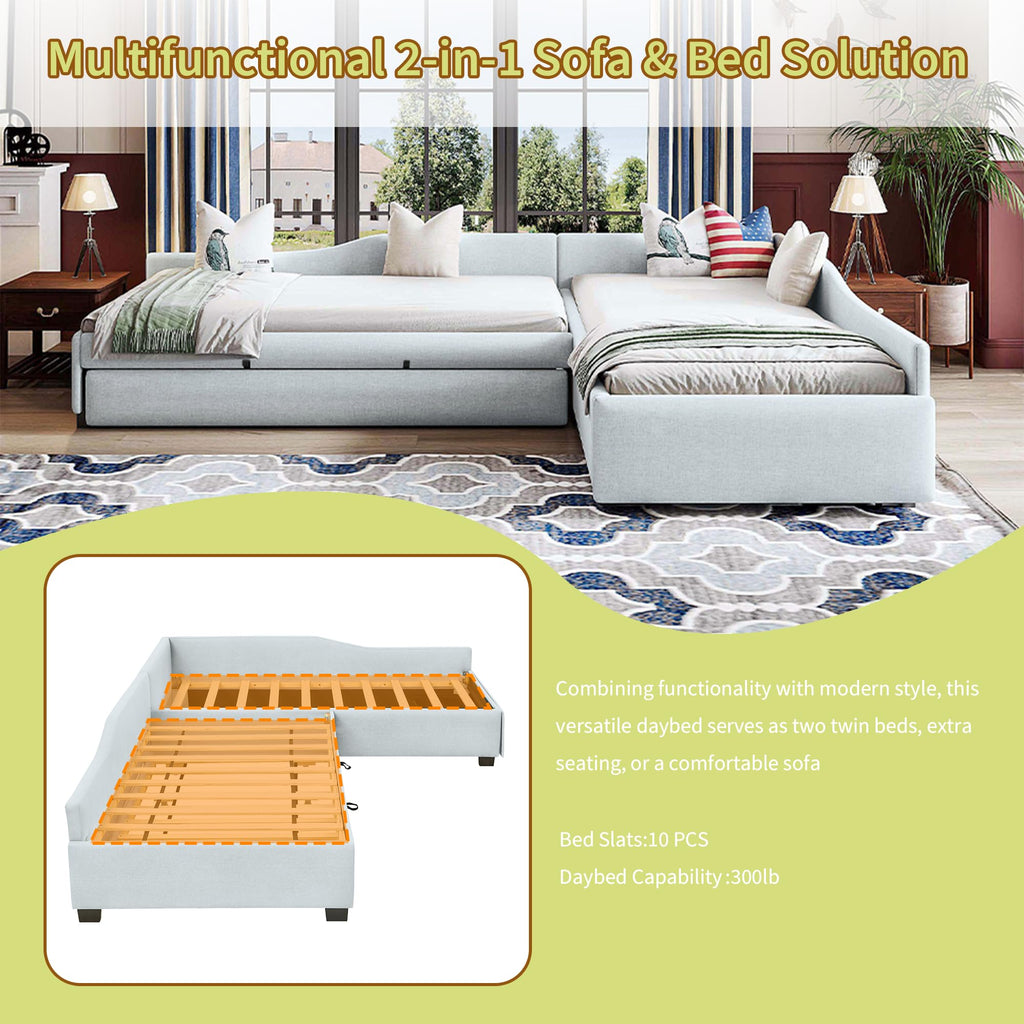 Green Gray Linen Fabric Upholstered Twin Size Daybed with Trundle and Drawer A43317
