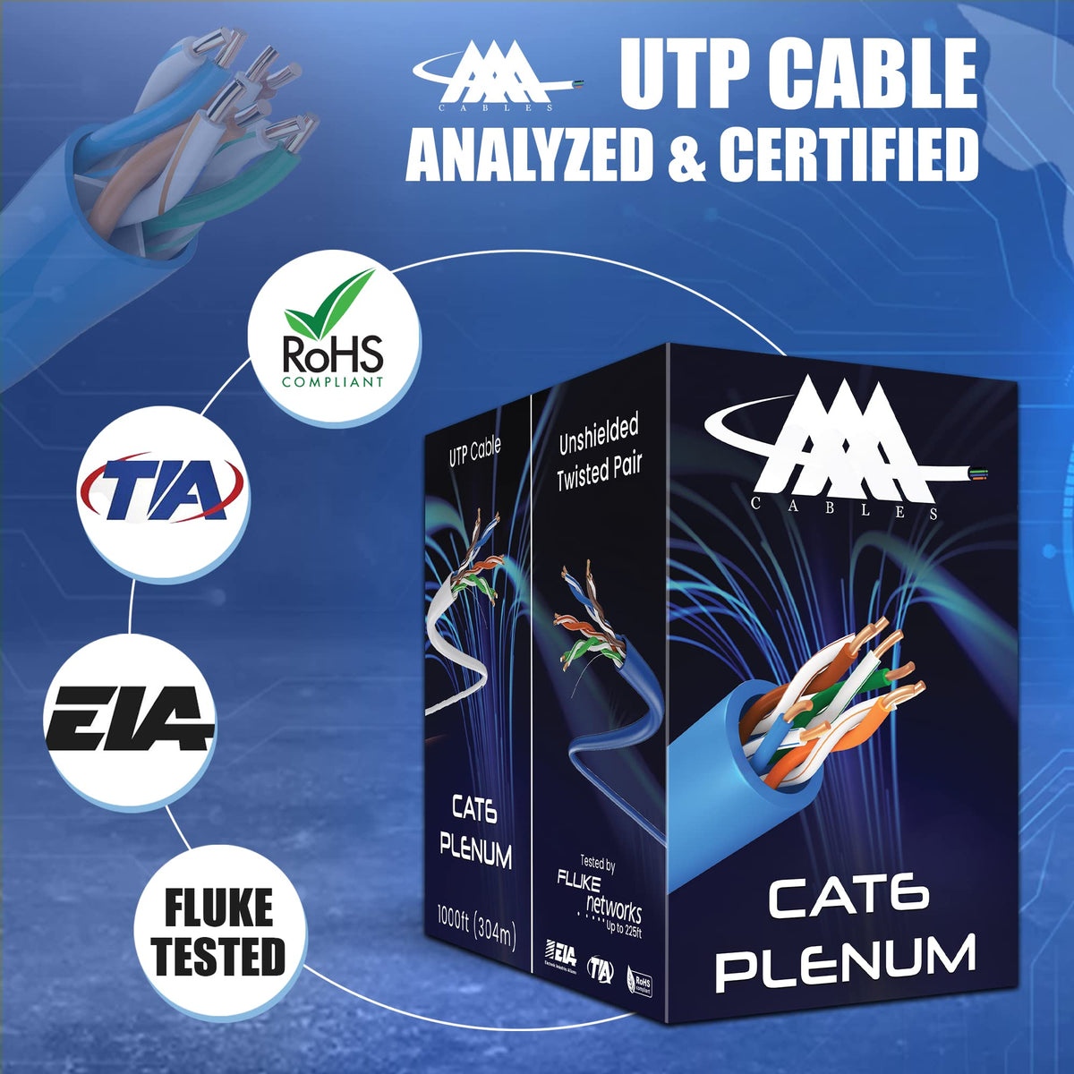 CAT6 Plenum Ethernet Cable 1000ft UTP 23AWG Blue Z3160