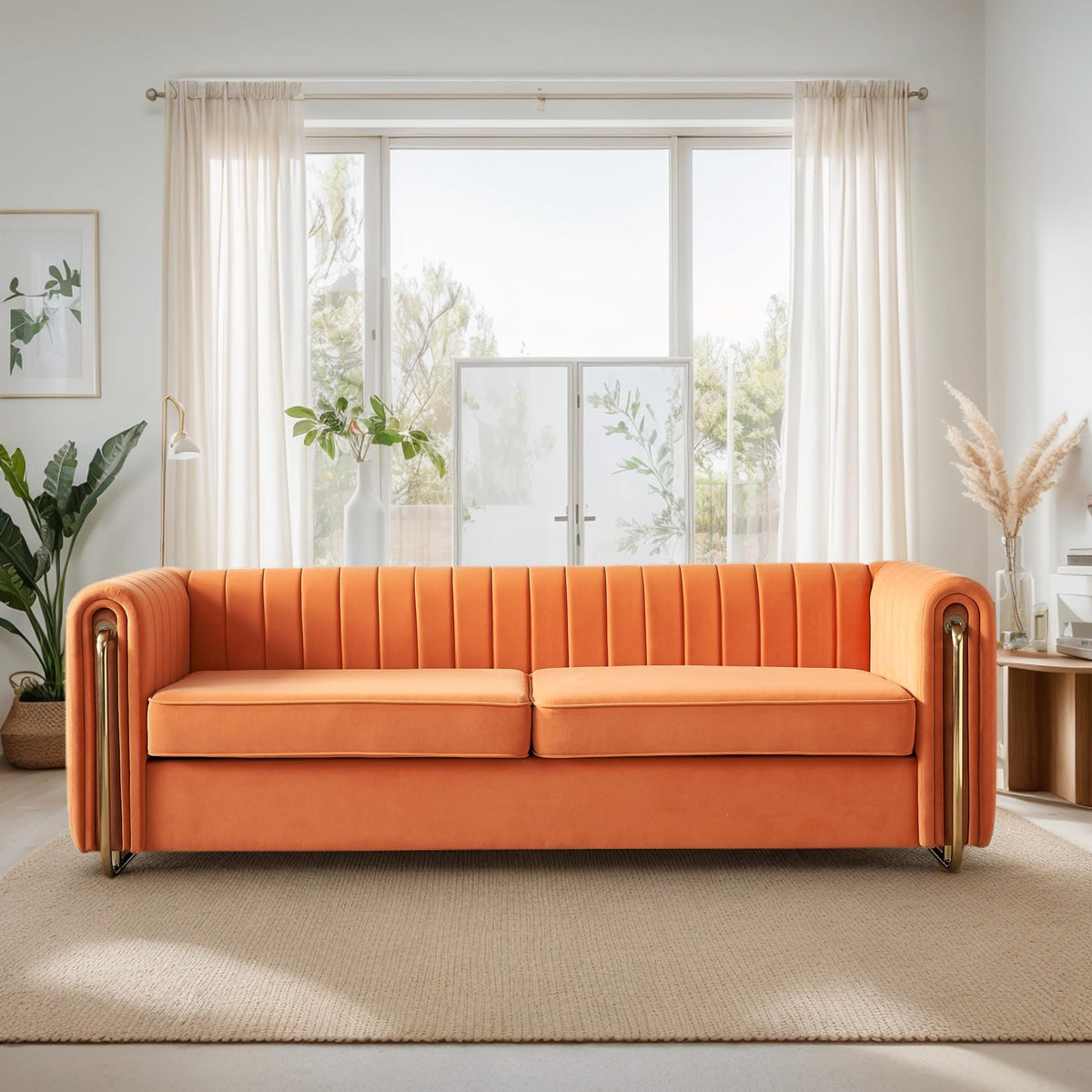 Orange Velvet 3-Seater Sofa with Rolled Arms P864