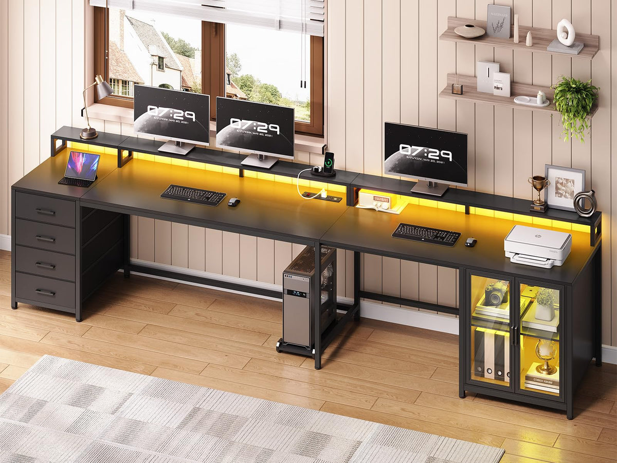 L Shaped Gaming Desk with 4 Drawers and Power Outlet, Black Y3013